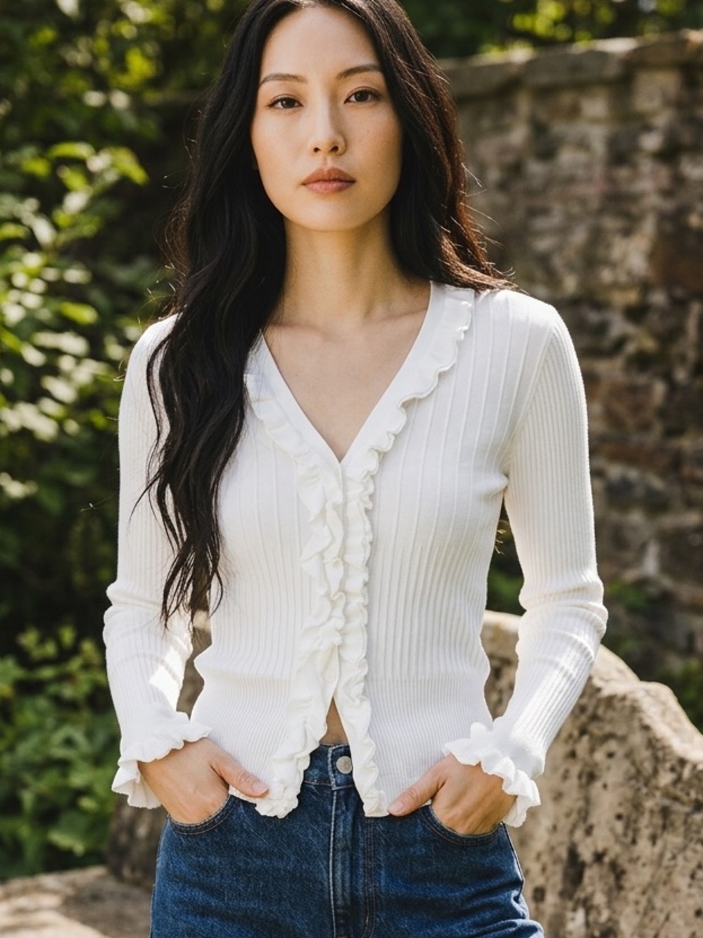 ANNE FONTAINE (M) Parfaite Ribbed Ruffle Cardigan Sweater White Cotton EU40/USM